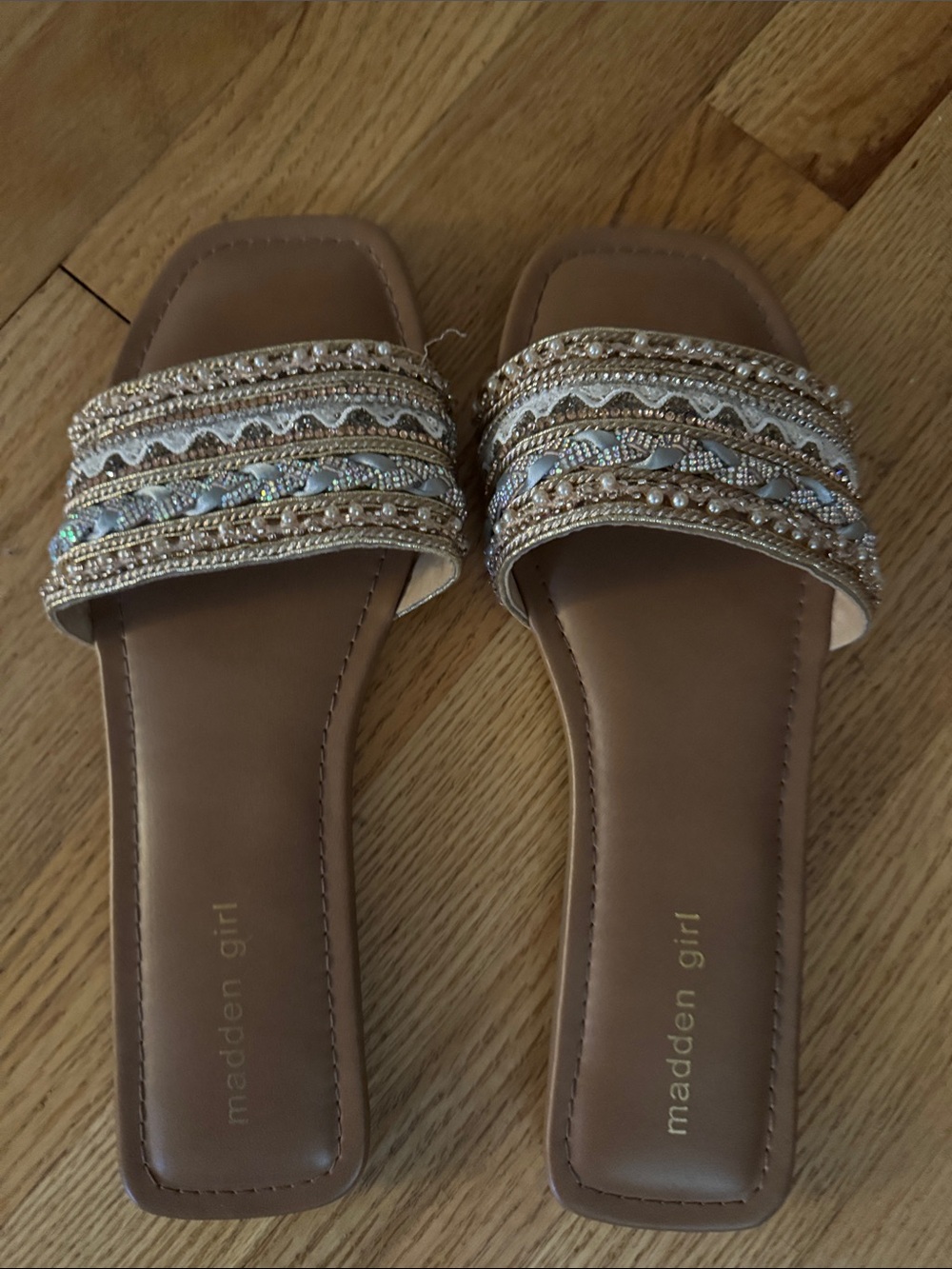 Madden Girl Tan Slide Sandals with Metallic Beaded Straps
